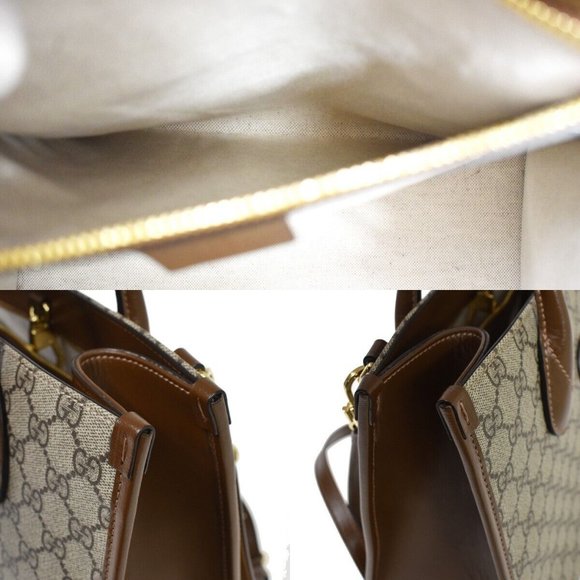 Auth GUCCI GG Pattern 2Way Shoulder Hand Tote Bag Supreme Leather Brown Gold - Picture 5 of 16